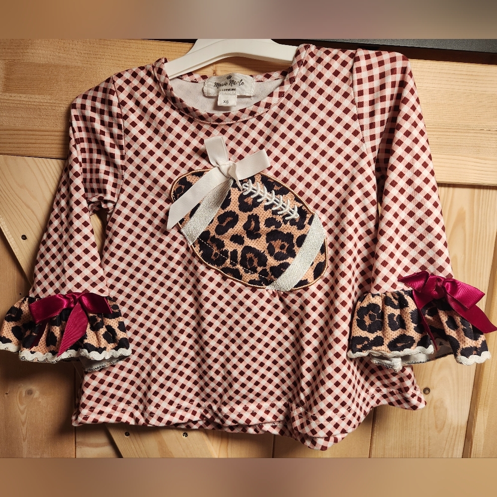 Pink/Red Checkered Long Sleeve Top with Leopard Print Football Accent